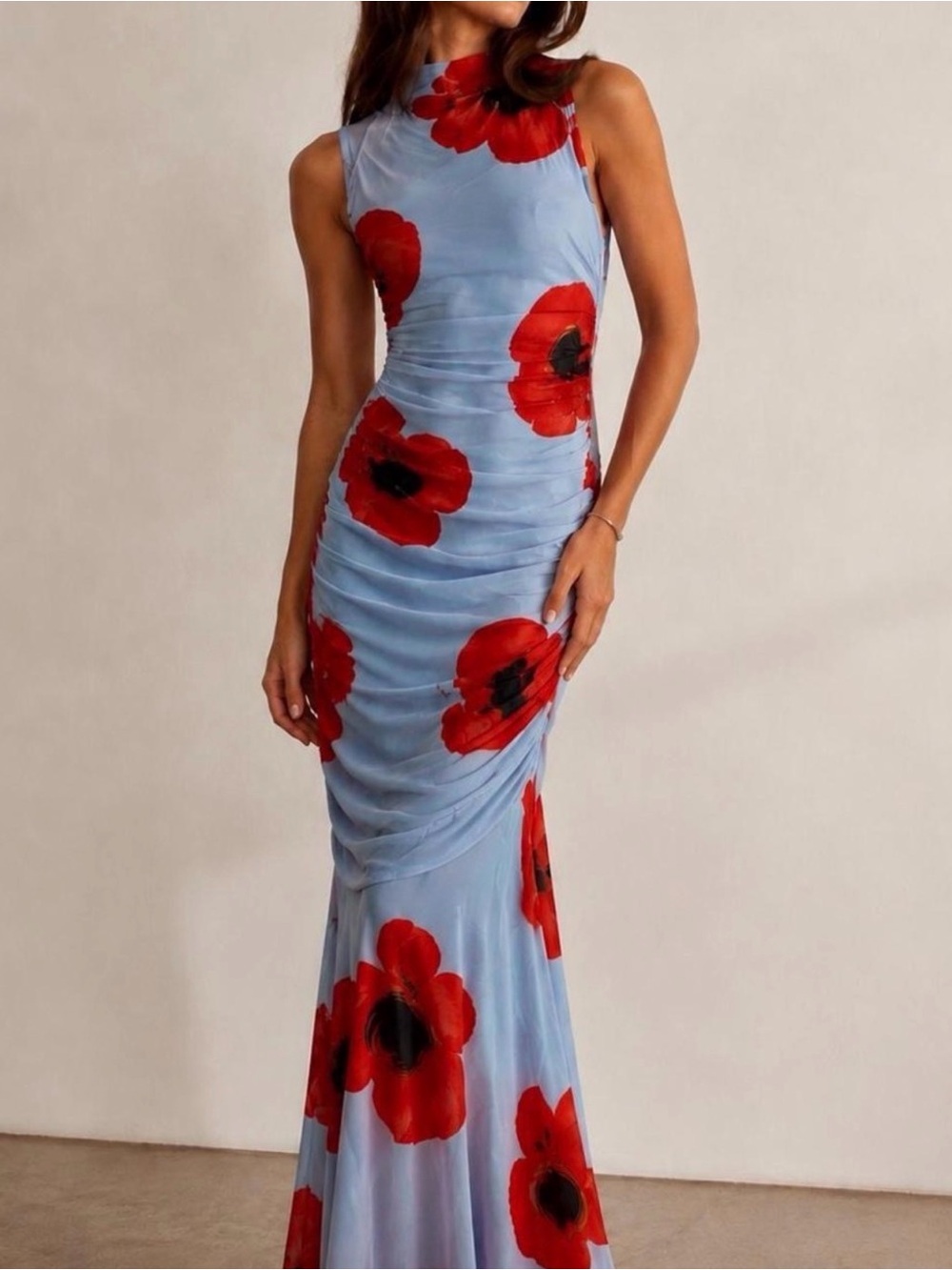 Sincerely Jules Light Blue Maxi Dress with Red Floral Print